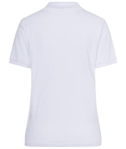 A white polo shirt for ladies, featuring a classic design and short sleeves. Includes a logo on the back.