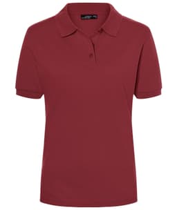 A burgundy women's polo shirt featuring a classic collar and buttons, complete with a logo.