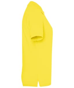 A side view of a bright yellow polo shirt, featuring short sleeves and a collar. It has a logo on the front.