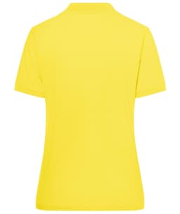 A yellow classic polo shirt with a short sleeve, featuring a collar and a branding logo.