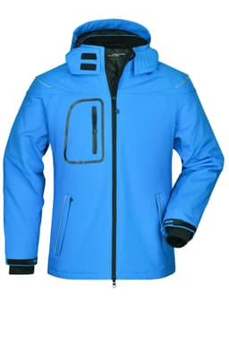 A blue men's winter softshell jacket with a zip front, hood, and a pouch pocket, featuring a logo.