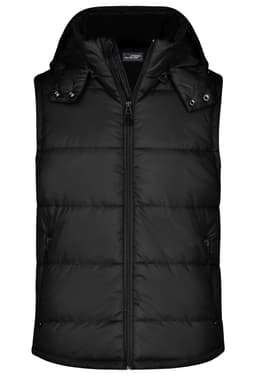 A black padded vest with a hood, featuring a zip closure and two side pockets. It has a branding logo on it.