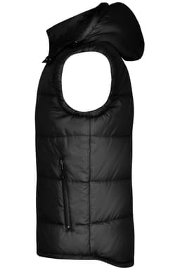 A black padded vest with a hood, featuring a zippered pocket and a quilted design.