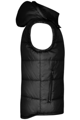 A padded vest in black with a hood and a side zipper pocket, featuring a logo.