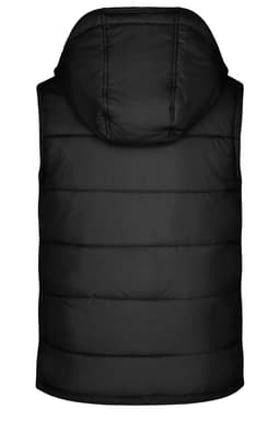 A black padded vest with a hood, featuring horizontal quilted panels and a simple design.