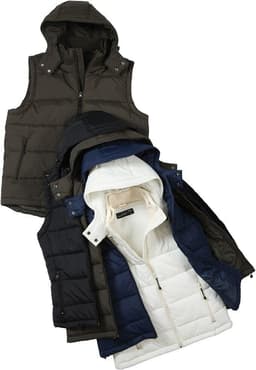 Men's padded vests in olive green, navy, and white, layered and displayed with hoods and a logo.
