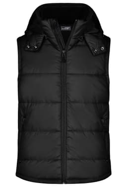 A black padded vest with a hood, featuring a zip front and side pockets. It includes a logo on the chest.