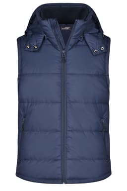 A navy padded vest with a hood, featuring a front zip and side pockets. Includes a logo on the chest area.