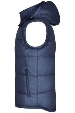 A navy mens padded vest featuring a hood and a zippered pocket on the side. Includes a logo on the fabric.