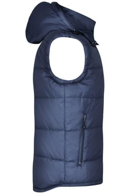 A navy padded vest with a hood, featuring arm holes and a zipped pocket on the side.