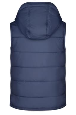 A navy blue padded vest with a hood, featuring a quilted design and vertical stitching.