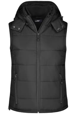 A black padded vest with a zip front, features a hood and two zippered side pockets. It has a logo on the front.