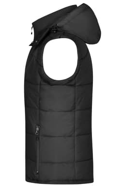 A black padded vest with a hood, featuring a zip pocket on the side and a quilted design.