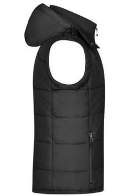 A black padded vest with a hood, featuring a side zipper pocket and a quilted design.