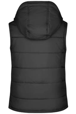 A ladies padded vest in black with a hood, featuring a quilted design and a logo.