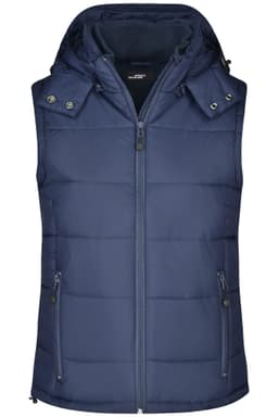 A navy padded vest with a hood and zippered front, featuring side pockets and a logo.