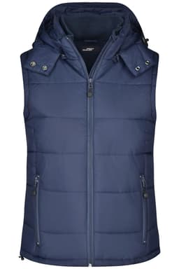 A navy ladies padded vest featuring a hood, zip closure, and two front pockets with a logo.