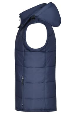 A navy padded vest with a hood and zippered pocket, featuring a slight shine and quilted design.