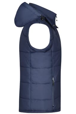 A navy padded vest with a hood, featuring a zippered pocket and a sleek, quilted design.