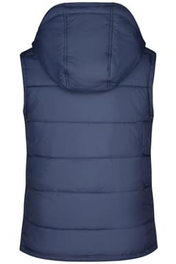 A navy padded vest with a hood, featuring horizontal stitching and a logo on the back.