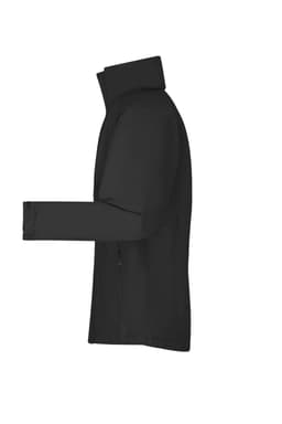 A black men's outer jacket with a high collar and long sleeves, featuring a logo. Suitable for rain protection.
