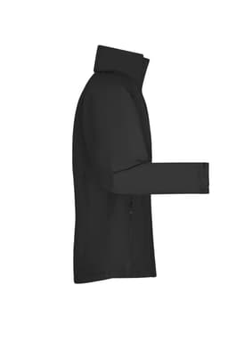 A black men's outer jacket is displayed, featuring a high collar and a side view showcasing the sleeve. It has a logo.