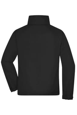 A black men's outer jacket with a high collar and elastic cuffs. The back view shows a simple design and logo.
