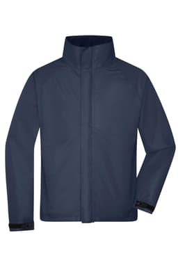 A navy rain jacket with a high collar and black cuffs, featuring a logo. Suitable for outdoor wear.