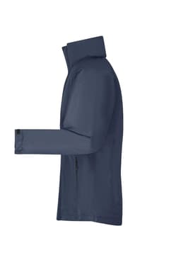 A mens outer jacket in navy blue, featuring a collar and long sleeves, with a logo on the exterior.