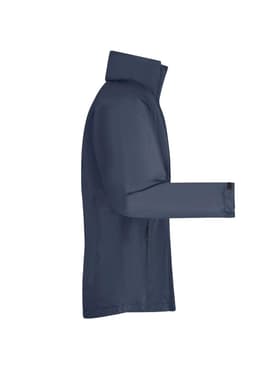 A rain jacket in navy blue with a sleek design and a collar, featuring a logo on the sleeve.