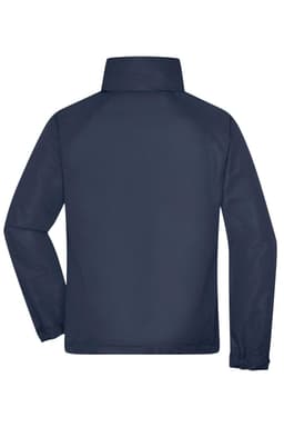 A navy men's outer jacket with a high collar and long sleeves, featuring a logo on the back.