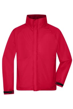 A red men's outer jacket featuring a high collar and adjustable cuffs, with a logo on the front.
