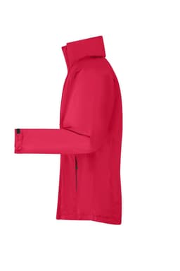 A bright red men's outer jacket, featuring a high collar and long sleeves, with a logo on the sleeve.