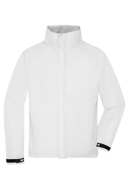 A white rain jacket with a high collar and black accents on the cuffs, featuring a logo on the sleeve.