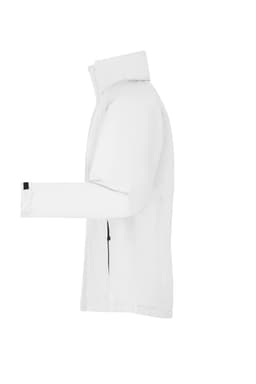 A white rain jacket with a high collar and a side zipper, featuring a logo on the sleeve.