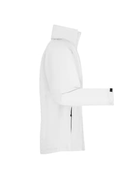 A white men's outer jacket with a high collar and a logo, designed for rain protection.