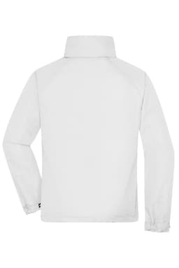 A men's outer rain jacket in white, featuring a simple design and a logo on the back.
