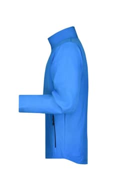 A blue men's softshell jacket with a zip pocket, displayed from the side. It features a high collar and long sleeves.
