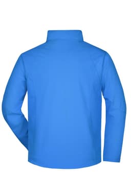 A blue men's softshell jacket with a high collar and no visible branding, viewed from the back.
