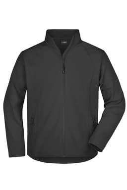 A black men's softshell jacket with a zip front and side pockets, featuring a logo on the chest.