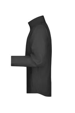 A men's softshell jacket in black, featuring a zippered front and a stand-up collar. It has a branding logo.