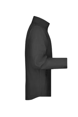 A black men's softshell jacket displayed from the side, featuring a high collar and a zip closure.