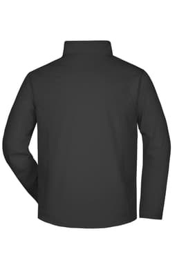 A black men's softshell jacket featuring a high collar and a simple design, with a logo on the back.
