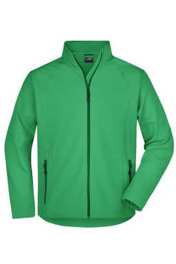 A green men's softshell jacket with a zip front and side pockets. It features a logo on the chest area.
