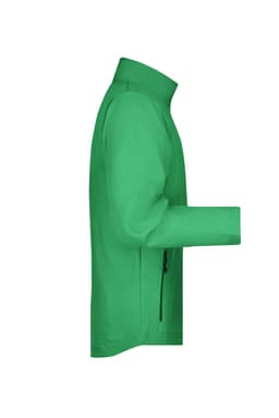 A green men's softshell jacket featuring a zippered pocket and a high collar. It has a logo on the chest.