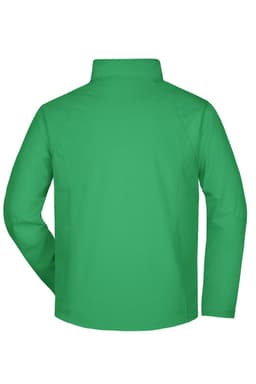 A green men's softshell jacket featuring a collar and long sleeves, with a logo on the back.