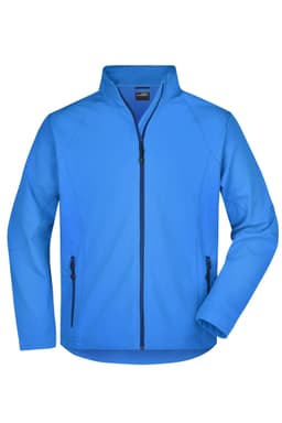 A blue men's softshell jacket with a stand-up collar and zippered front. Features side pockets and a logo.
