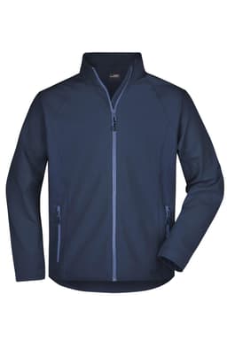 A navy softshell jacket featuring a full zip and zippered side pockets. It has a simple design with a logo.