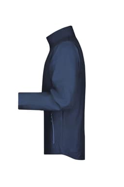 A men's softshell jacket in dark navy, featuring a stand-up collar and zippered pockets. Includes a logo.