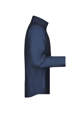 A navy softshell jacket with a high collar and side zipper pockets. It features a simple design and has a logo.